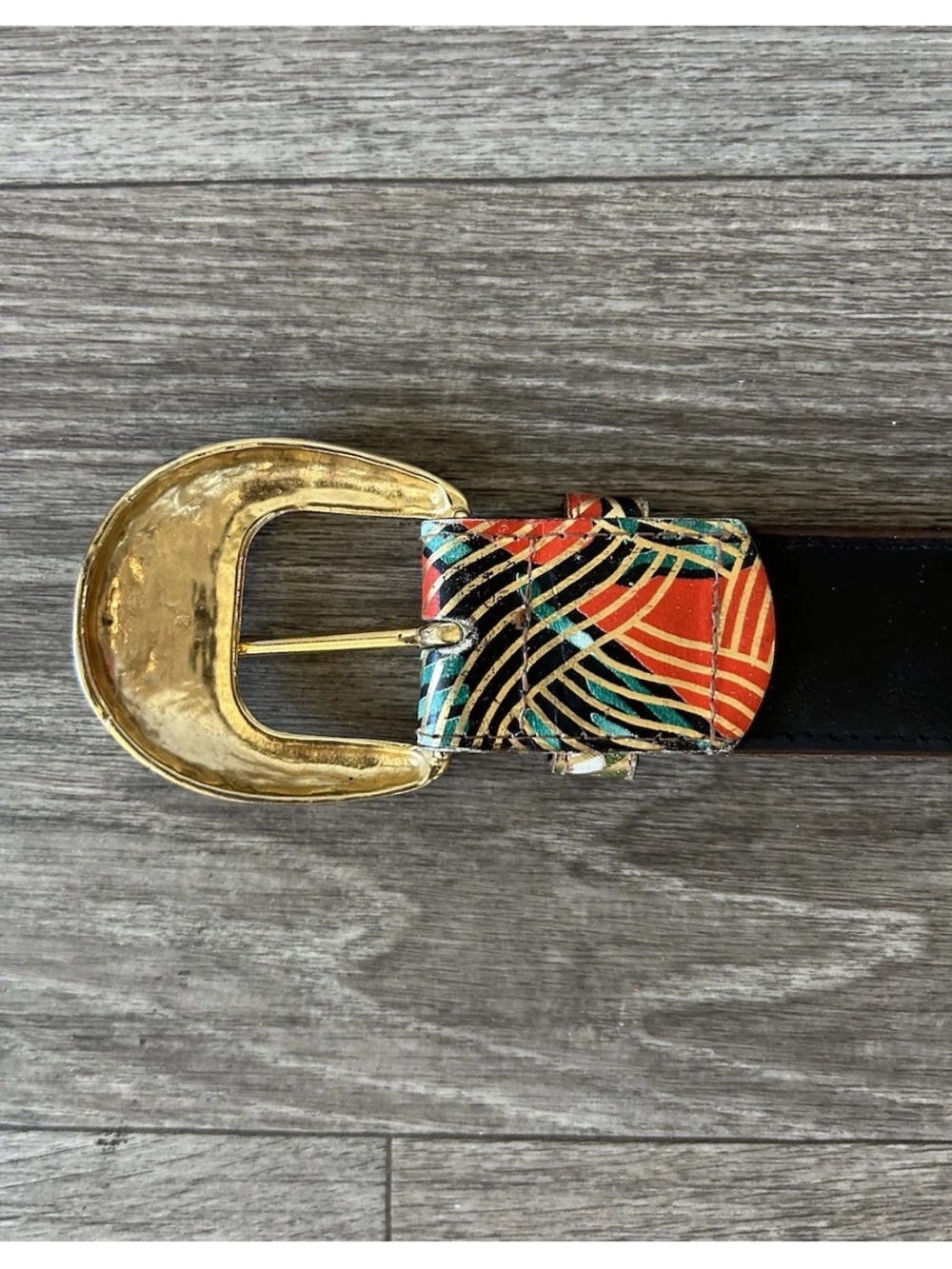 Vintage 80s Abstract Painted Leather Belt Gold Buckle USA M/L 38” - Picture 7 of 14